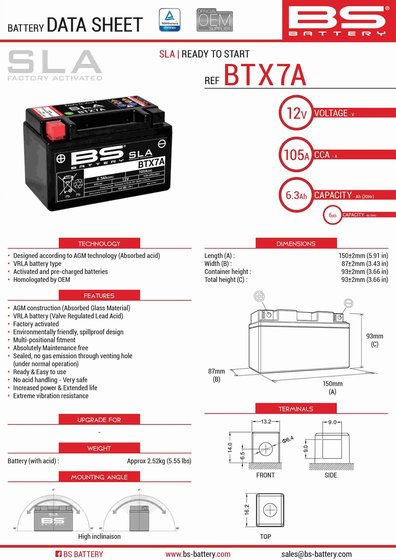 AGILITY 125 (2006 - 2021) btx7a sla 12v battery | BS BATTERY