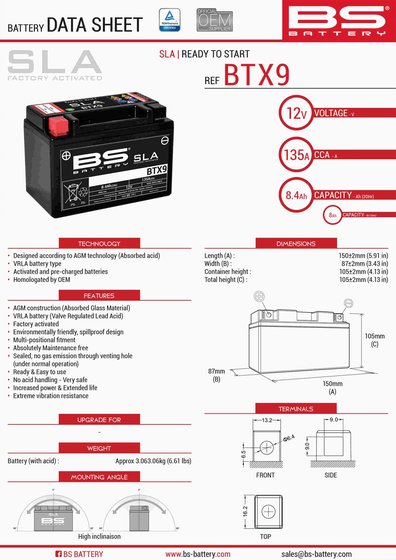 LIKE S 125 (2020 - 2021) btx9 sla 12v 135 a battery | BS BATTERY