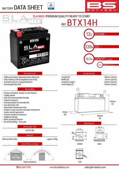 XCITING 500 (2005 - 2016) btx14h sla max battery | BS BATTERY