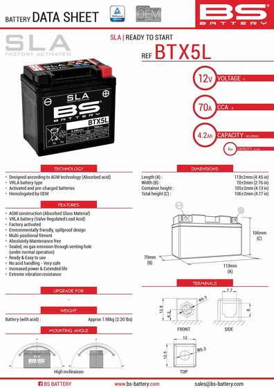 AGILITY 125 (2005 - 2018) btx5l/btz6s battery | BS BATTERY