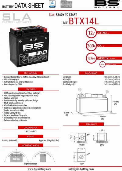 XCITING 500 (2005 - 2016) btx14 sla 12v battery | BS BATTERY