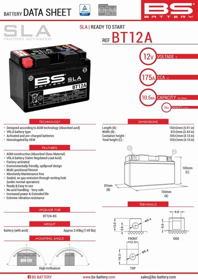 NEW DOWNTOWN 125 (2015 - 2020) bt12a sla 12v 175 a battery | BS BATTERY