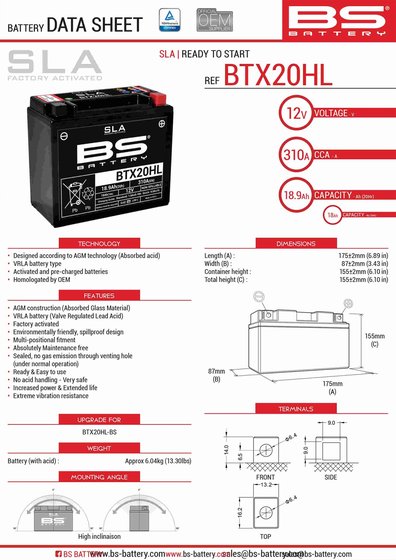 MXU 500 (2011 - 2017) btx20hl sla battery | BS BATTERY