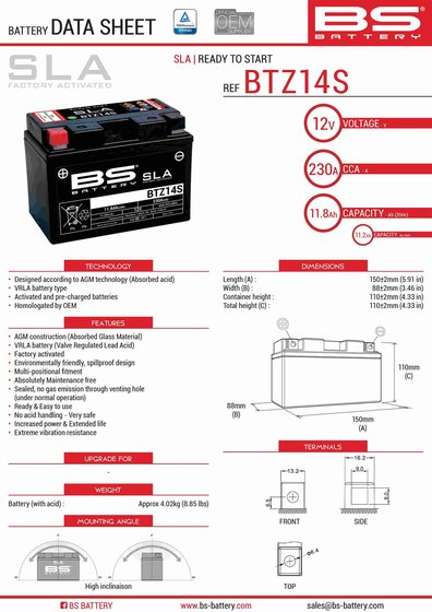 CV3 550 (2021 - 2021) btz14s sla akumuliatorius | BS BATTERY