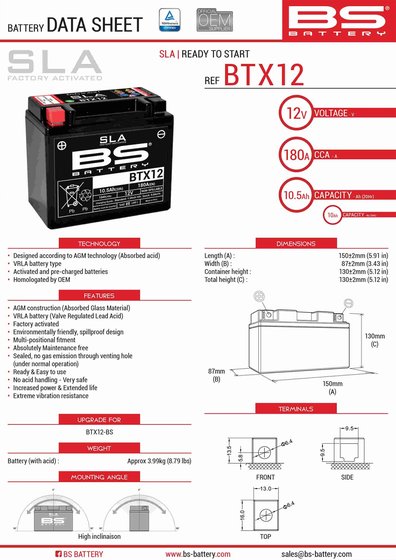 KXR 250 SPORTS (2004 - 2007) btx12 sla battery | BS BATTERY