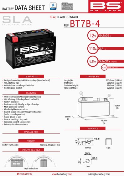 QUANNON 125 (2007 - 2013) bt7b-4 sla 12v 105 a battery | BS BATTERY